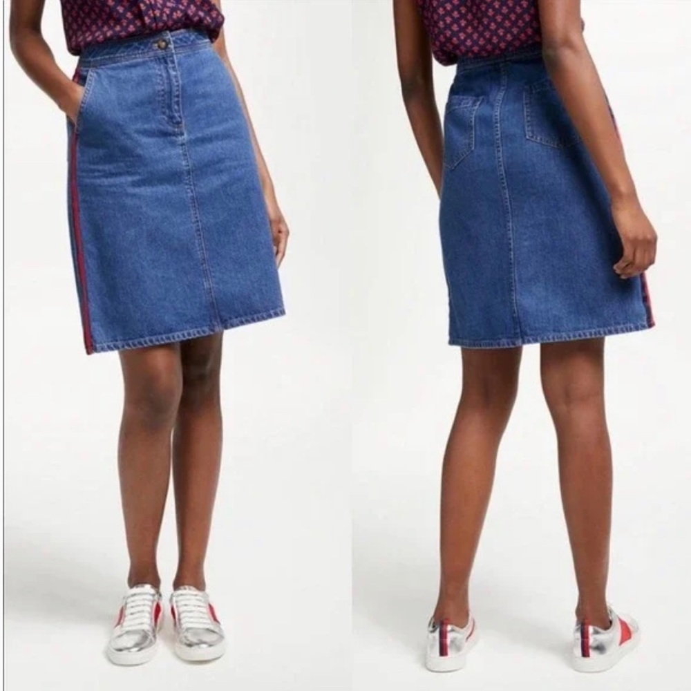 BODEN || Blue Denim Midi Skirt with Stripes on Side. Sz. 14R - Picture 3 of 9